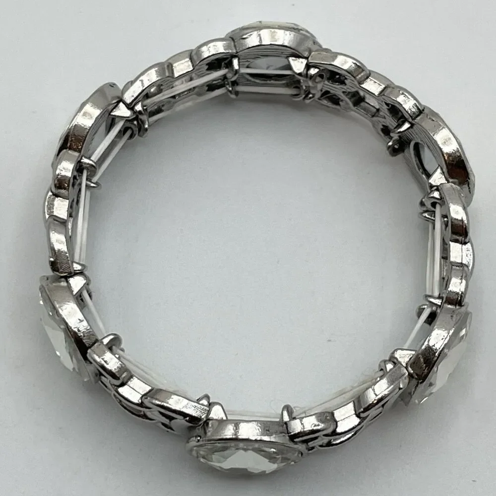 Silver Tone White Round Cut Glass Rhinestone Stretch Bracelet Boho Bold Fashion